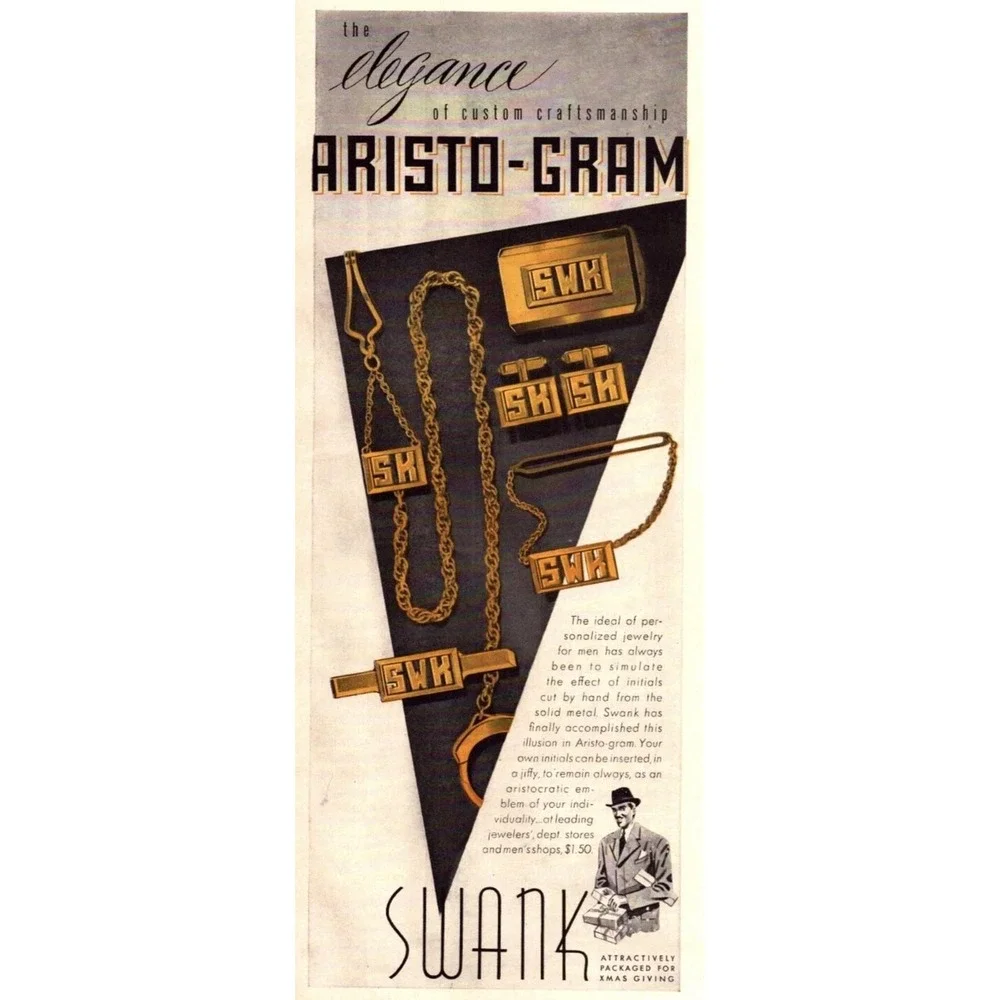 Vintage Swank Jewelry Aristo‎ Gram & Sit Gram Initials MCM Cuff Links Tie Clips